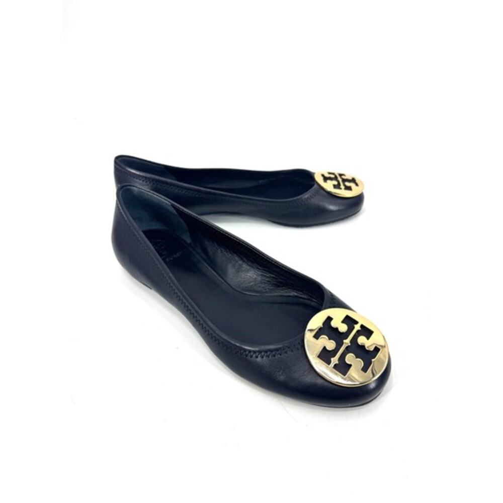 Tory Burch Minnie Travel Ballet Flats Black Leather Gold Logo Size 8.5M